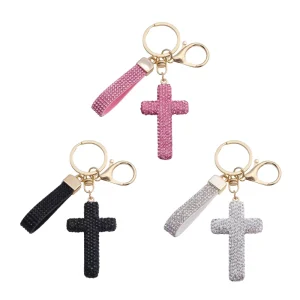 Full Rhinestone Cross Keychain with Leather Wrist Strap Car Bag Charm