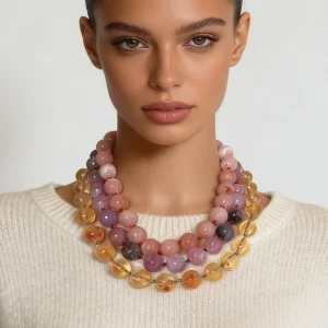 Geometric Crystal Resin Acrylic Beaded Hand-Knotted Layering Necklace for Women