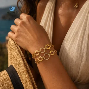 Geometric Hollow Square and Round Zircon Chain Bracelet 18K Gold Plated Stainless Steel for Women