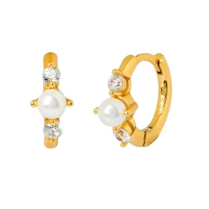 Geometric Pearl Circle Hoop Earrings with Copper Flower Pattern and Zircon Accent