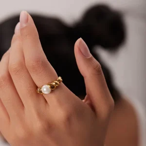 Geometric Pearl Ring, Stainless Steel, 18k Gold Plated