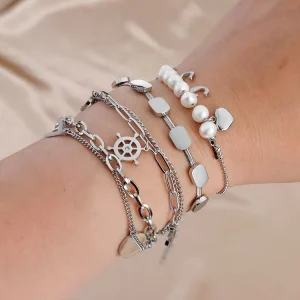 Geometric Pearl Stainless Steel Silver-Plated Adjustable Charm Bracelet with Pendant Charms