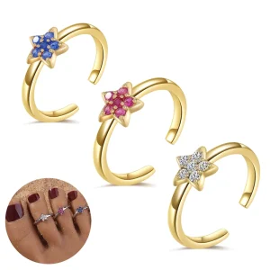 Go Party Summer Beach Jewelry Five Pointed Star Toe Rings Zircon Foot Rings Copper 18K Gold Plated Open Toe Ring for Women Girls