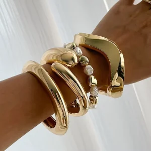 Gold Bead and Imitation Pearl Zinc Alloy Drawstring Bangle
