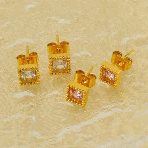 Gold Beaded Frame Square CZ Stud Earrings 316L Stainless Steel