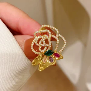 Gold Camellia Flower Zircon Brooch ALN26020292