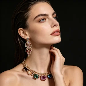 Gold Chunky Link Multicolor Square Gemstone Necklace and Teardrop Rhinestone Drop Earrings Jewelry Set