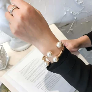 Gold Color Alloy Pearl Open Bangle Bracelet for Women