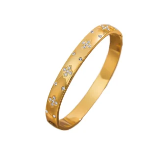Gold-Color Plated Stainless Steel Four-Leaf Charm Bracelet, Crystal Rhinestone Bangle