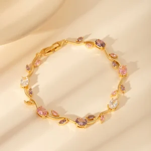 Gold Coquette Floral Bracelet with Pink Zirconia