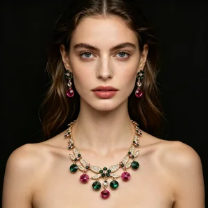 Gold Leaf Shape Red Green Round Rhinestone Pendant Necklace and Floral Drop Earrings Jewelry Set