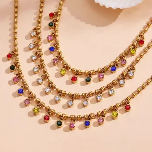 Gold-Plated 316 Stainless Steel Clavicle Chain Necklace with Colorful Cubic Zirconia