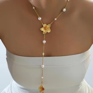 Gold-Plated Alloy Minimalist Floral Pendant Long Sweater Chain Necklace for Women