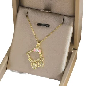 Gold-Plated Brass Animal Cat Pendant Necklace with Cubic Zircon Charm