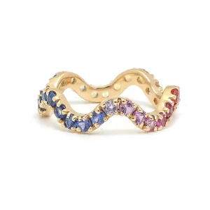 Gold Plated Brass Colored CZ Stone Stackable Rainbow Wave Ring