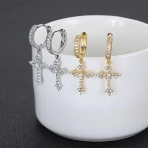 Gold Plated CZ Stone Cross Pendant Drop Hoop Earrings