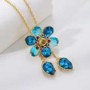 Gold-Plated Copper Flower Pendant Necklace Link Chain Water Drop Tassel Floral Oval CZ Zircon Dangle