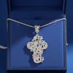 Gold Plated Cross Pendant with VVS White Moissanite and Colorful CZ