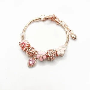 Gold-Plated Crystal Rhinestone Lotus Flower Charm Bracelet with Large-Hole Pink Flower Beads, Adjustable DIY