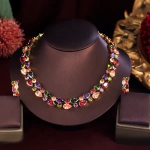 Gold Plated Cubic Zircon Necklace and Earring Set for Women, Colorful Wedding Party Jewelry