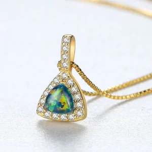 Gold-Plated Diamond Opal Sterling Silver Triangle Pendant Necklace with Link Chain for Women