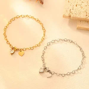 Gold Plated Double Heart Zircon Charm Bracelet 316L Stainless Steel Hollow Link Chain