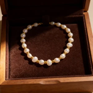 Gold-Plated Freshwater Pearl Bead Necklace with Stainless Steel Chain