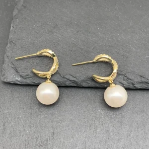 Gold-Plated Geometric Pearl Earrings with Zircon Drops, Brass