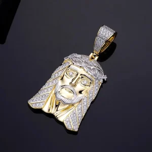 Gold Plated Jesus Face Pendant with CZ, 14K/18K Finish