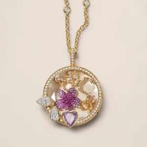Gold Plated LOVE Locket Crystal Circle Pendant Necklace with Heart Moon Charm