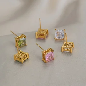 Gold-Plated Multicolor CZ Square Stud Earrings 316 Stainless Steel Princess Cut Minimalist