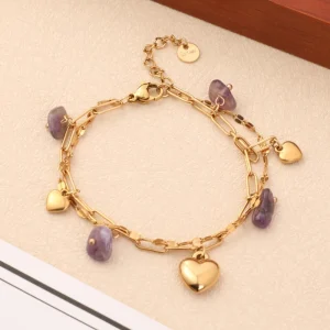 Gold-Plated Natural Crystal Heart Double-Layer Paperclip Chain Bracelet in 316L Stainless Steel