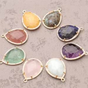 Gold-Plated Natural Stone Crystal Rhinestone Water Drop Charm Pendant DIY for Women and Children