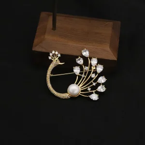 Gold-Plated Peacock Pearl Brooch for Women