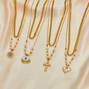 Gold Plated Pearl Pendant Necklace Stainless Steel Multi-Layer Cross 18K Gold