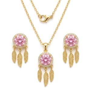 Gold Plated Pink CZ Dreamcatcher Jewelry Set with Stainless Steel Chain