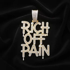 Gold Plated RICH OFF PAIN Letter Pendant with Cubic Zirconia