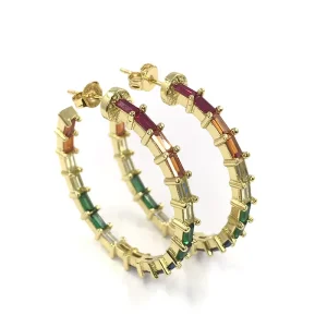 Gold Plated Rainbow Cubic Zircon Large Hoop Earrings for Women