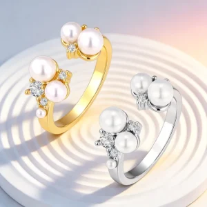 Gold-Plated Ring for Women, Minimalist Inlaid Pearl and Zircon Design