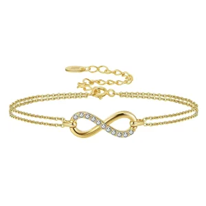 Gold Plated S925 Silver Infinity Double Chain Bracelet with Micro Pave Round Moissanite