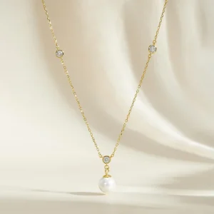 Gold Plated S925 Sterling Silver Single 8mm Station Pearl Necklace