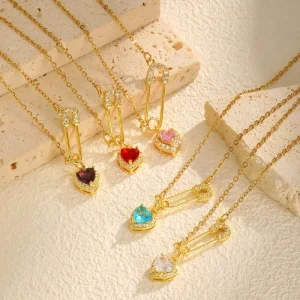 Gold-Plated Safety Pin Heart Necklace with Colorful CZ Crystal Pendant and Punk Chain
