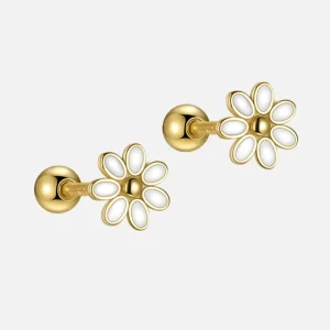 Gold-Plated Screw-Back Earrings 925 Sterling Silver Tiny White Daisy CZ