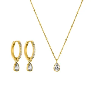 Gold Plated Stainless Steel CZ Teardrop Necklace and Earring Set for Women, Everyday Wear