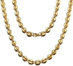 Gold Plated Stainless Steel Coffee Bean Link Chain Necklace and Bracelet Set