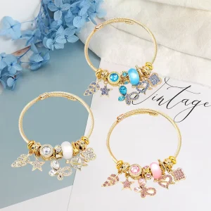 Gold-Plated Stainless Steel Crystal Butterfly Heart Pendant Adjustable Bracelet for Women