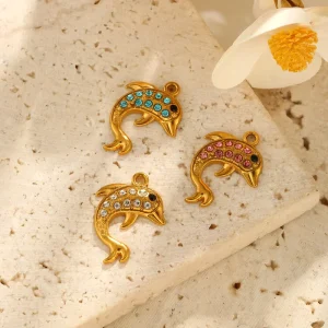 Gold Plated Stainless Steel Dolphin Charms with Rhinestones Sea Animal Pendant DIY Jewelry Making Findings
