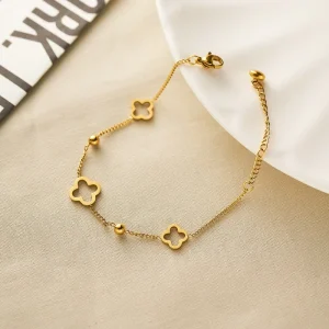 Gold Plated Stainless Steel Hollow Out Clover Beaded Charm Chain Link Bracelet for Women