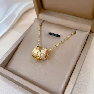 Gold-Plated Stainless Steel Link Chain Ring Pendant Diamond Charm Necklace