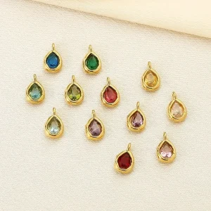 Gold Plated Stainless Steel Minimalist Teardrop Birthstone Charm Pendant Multi Color Crystal Birthstone Drop Pendant